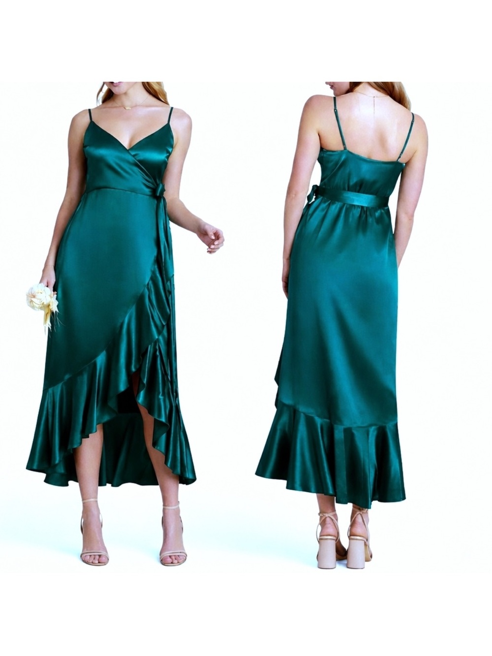 Birdy Grey Emerald Satin Crossover Flounce Ruffle Dress